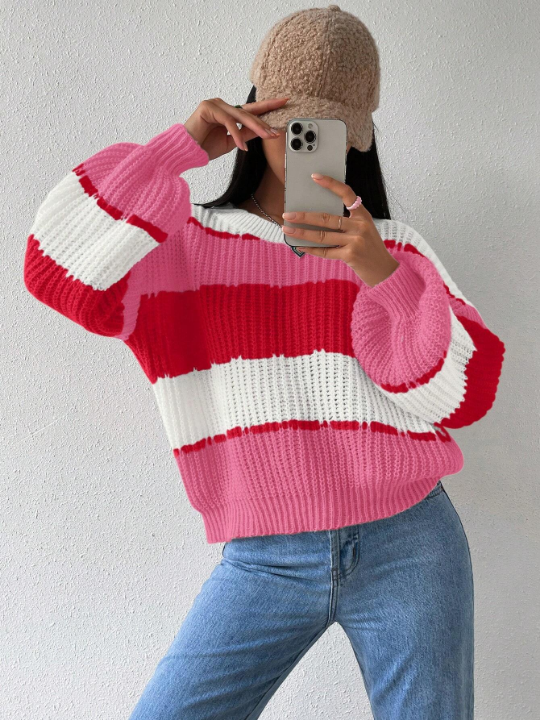 Essnce Color Block Drop Shoulder Ribbed Knit Sweater