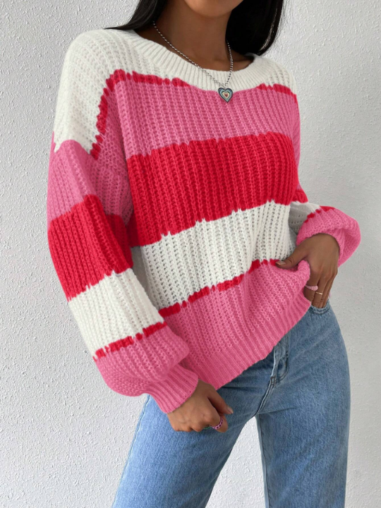 Essnce Color Block Drop Shoulder Ribbed Knit Sweater