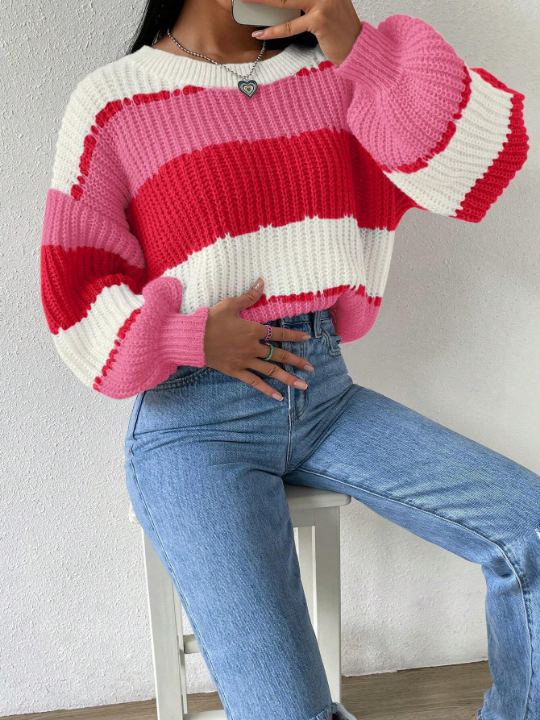 Essnce Color Block Drop Shoulder Ribbed Knit Sweater