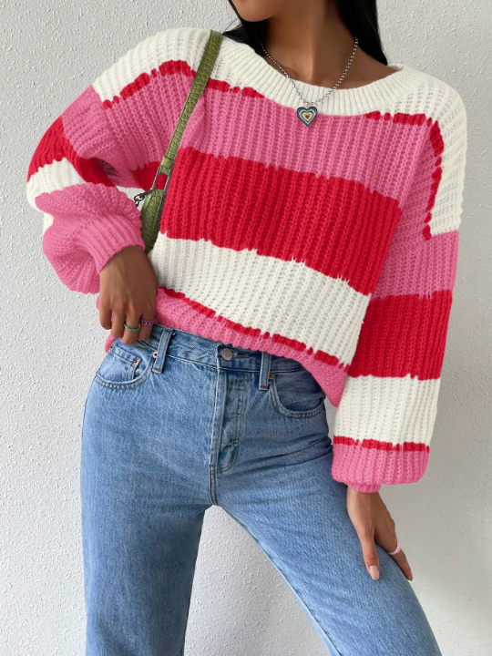 Essnce Color Block Drop Shoulder Ribbed Knit Sweater