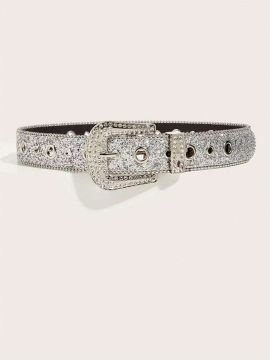 1pc Rhinestone Decor Belt With Big And Small Metal Rings, Suitable For Daily Wear Street