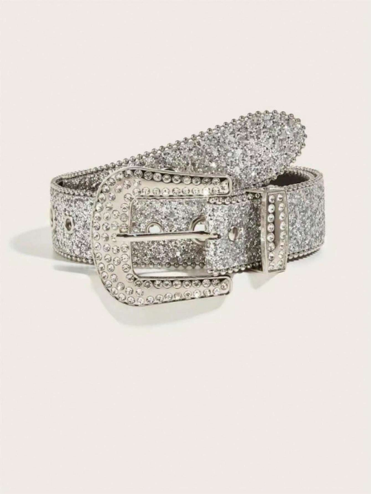 1pc Rhinestone Decor Belt With Big And Small Metal Rings, Suitable For Daily Wear Street