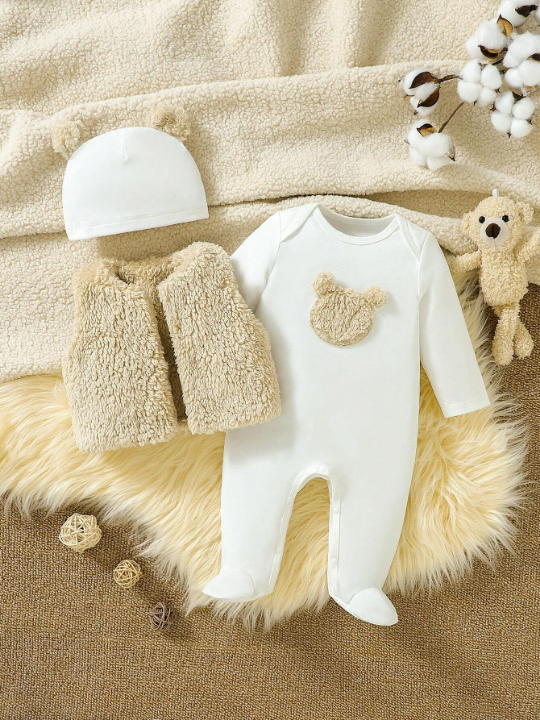 Baby Girl Bear Patched Teddy Vest Jacket & Footed Jumpsuit & Hat PJ Set