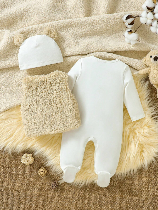 Baby Girl Bear Patched Teddy Vest Jacket & Footed Jumpsuit & Hat PJ Set