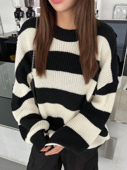 DAZY Striped Pattern Drop Shoulder Sweater