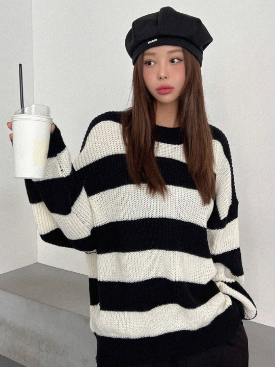 DAZY Striped Pattern Drop Shoulder Sweater