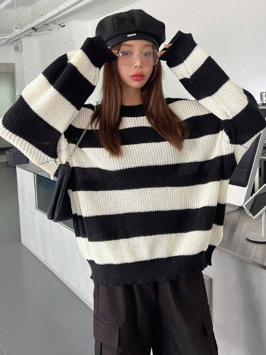 DAZY Striped Pattern Drop Shoulder Sweater