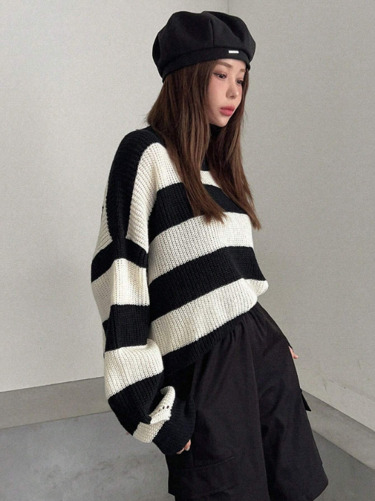 DAZY Striped Pattern Drop Shoulder Sweater