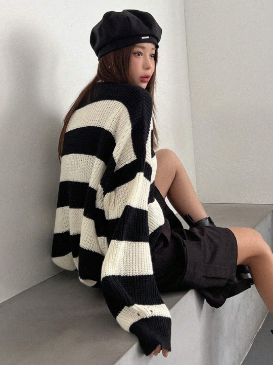 DAZY Striped Pattern Drop Shoulder Sweater