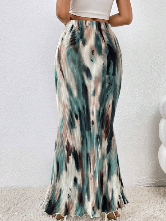 Priv Tie Dye Lettuce Trim Maxi Mermaid Hem Skirt