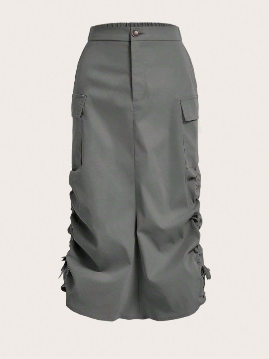 Teen Girl Flap Pocket Drawstring Ruched Side Cargo Skirt
