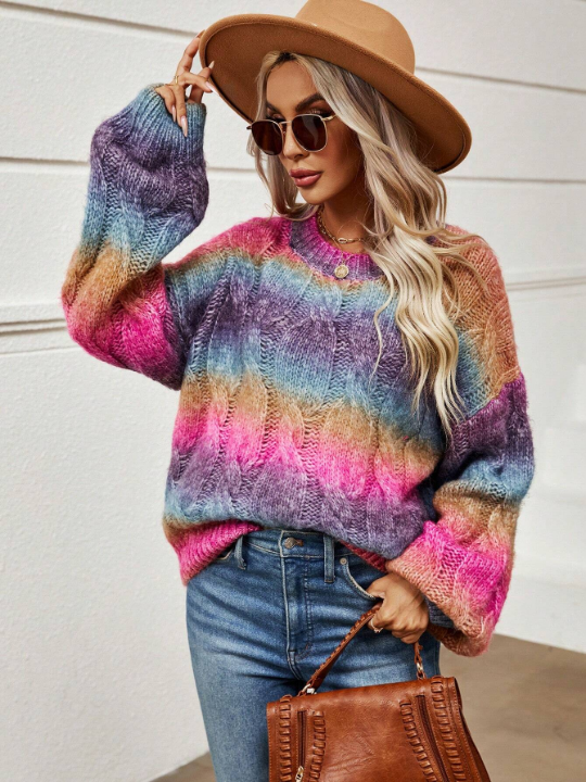 LUNE Ombre Drop Shoulder Cable Knit Sweater