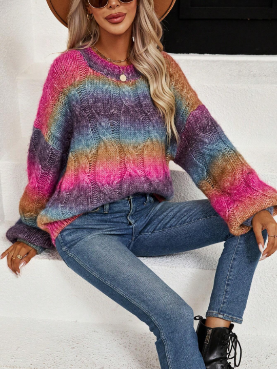 LUNE Ombre Drop Shoulder Cable Knit Sweater