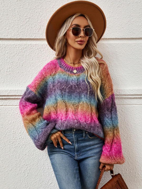 LUNE Ombre Drop Shoulder Cable Knit Sweater