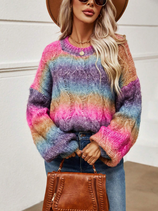 LUNE Ombre Drop Shoulder Cable Knit Sweater