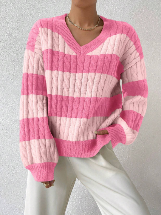 Frenchy Two Tone Cable Knit Drop Shoulder Sweater