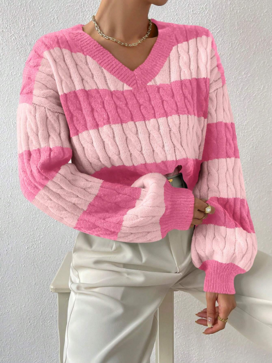 Frenchy Two Tone Cable Knit Drop Shoulder Sweater