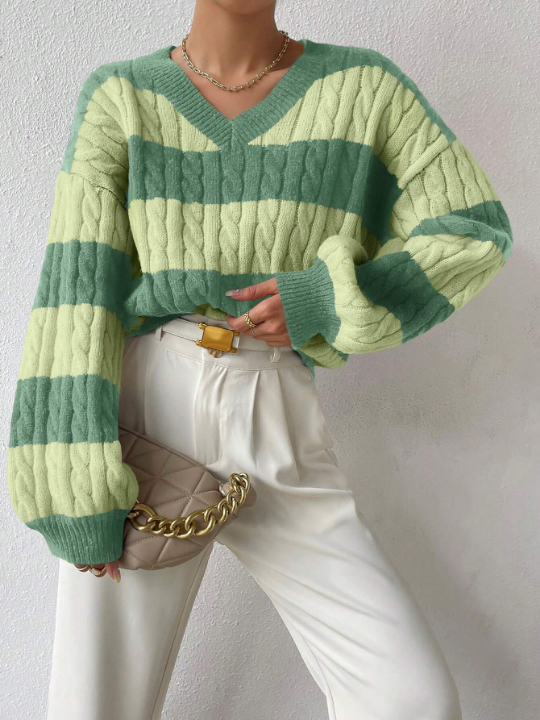 Frenchy Two Tone Cable Knit Drop Shoulder Sweater