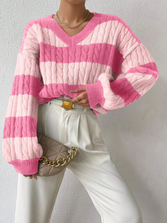 Frenchy Two Tone Cable Knit Drop Shoulder Sweater