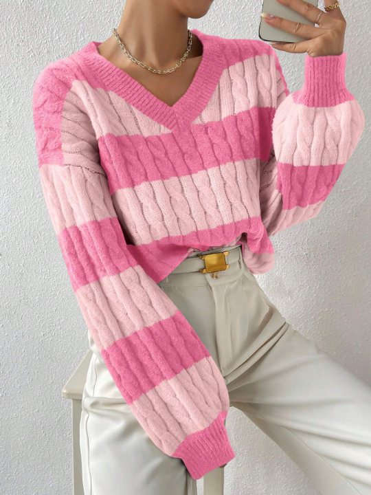 Frenchy Two Tone Cable Knit Drop Shoulder Sweater