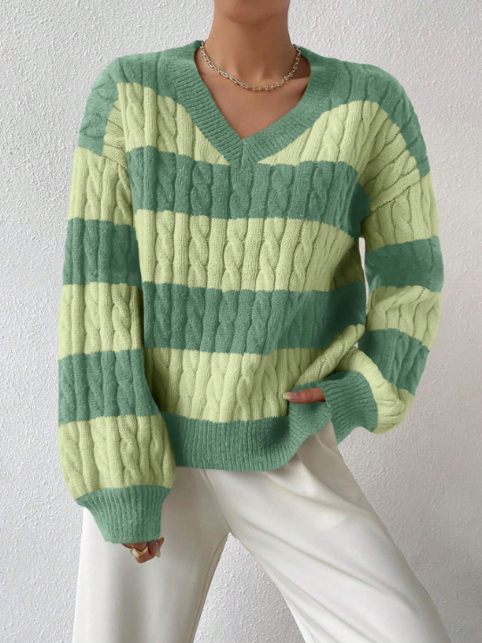 Frenchy Two Tone Cable Knit Drop Shoulder Sweater