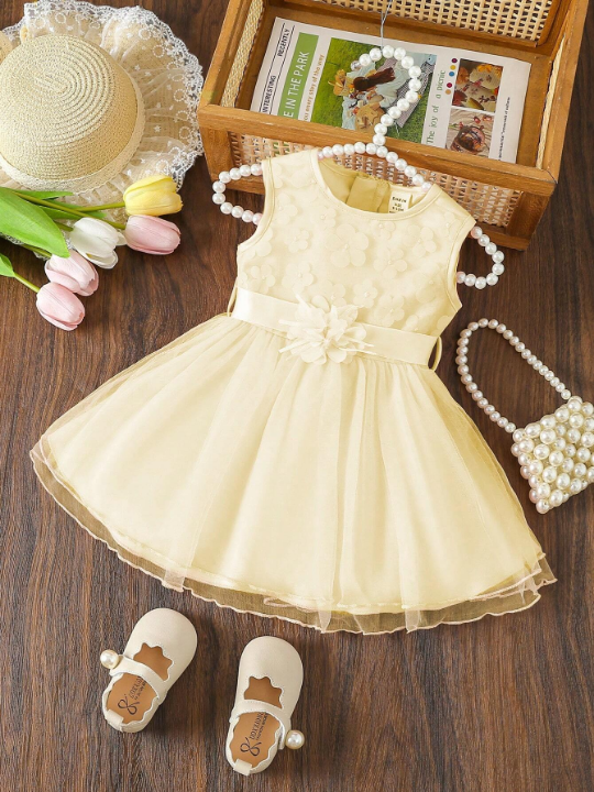 Baby Girl Appliques Mesh Overlay Belted Dress