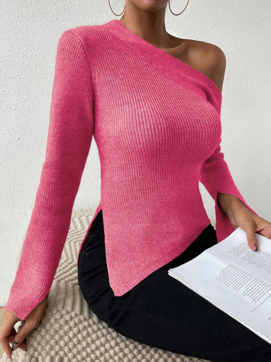 Priv Asymmetrical Neck Split Sleeve Sweater