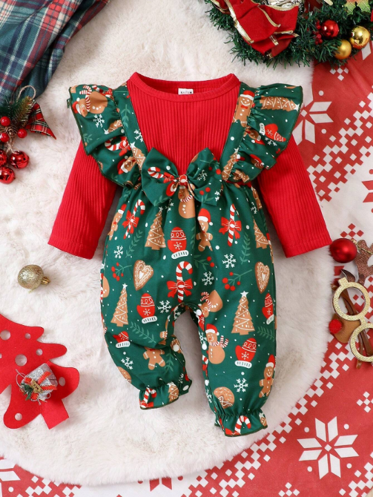 Baby Girl Christmas Print Ruffle Trim Bow Front 2 In 1 Jumpsuit