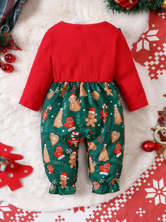 Baby Girl Christmas Print Ruffle Trim Bow Front 2 In 1 Jumpsuit