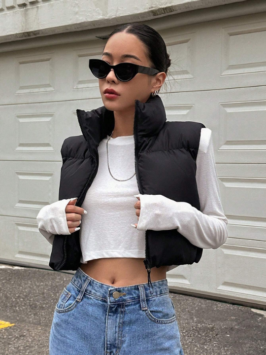 DAZY Zip Up Crop Vest Puffer  Thick Coat