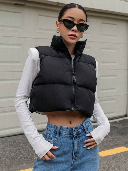 DAZY Zip Up Crop Vest Puffer  Thick Coat