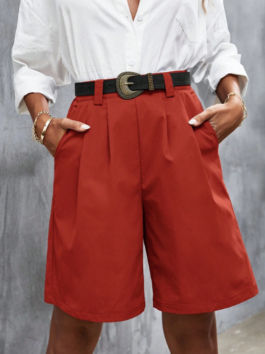 Frenchy Fold Pleated Slant Pocket Bermuda Shorts Without Belt