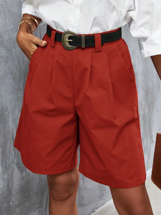 Frenchy Fold Pleated Slant Pocket Bermuda Shorts Without Belt