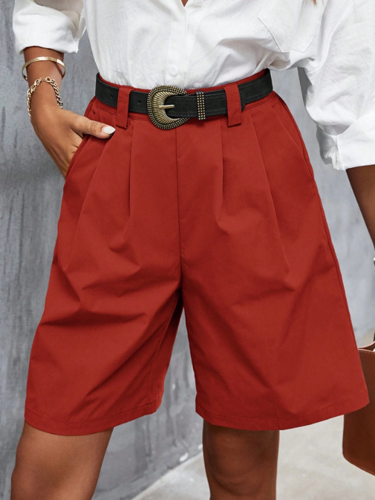 Frenchy Fold Pleated Slant Pocket Bermuda Shorts Without Belt