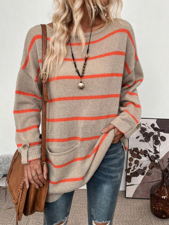 LUNE Striped Pattern Drop Shoulder Pocket Patched Sweater