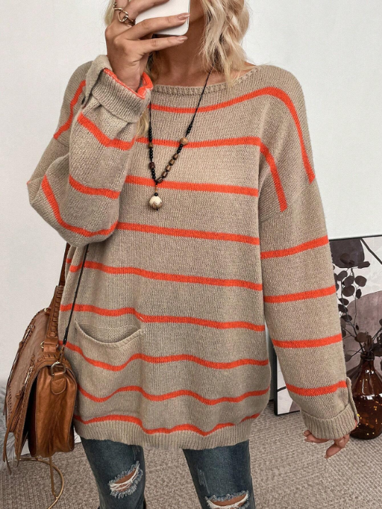 LUNE Striped Pattern Drop Shoulder Pocket Patched Sweater