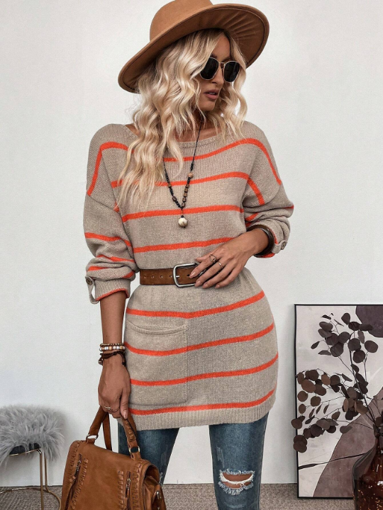 LUNE Striped Pattern Drop Shoulder Pocket Patched Sweater