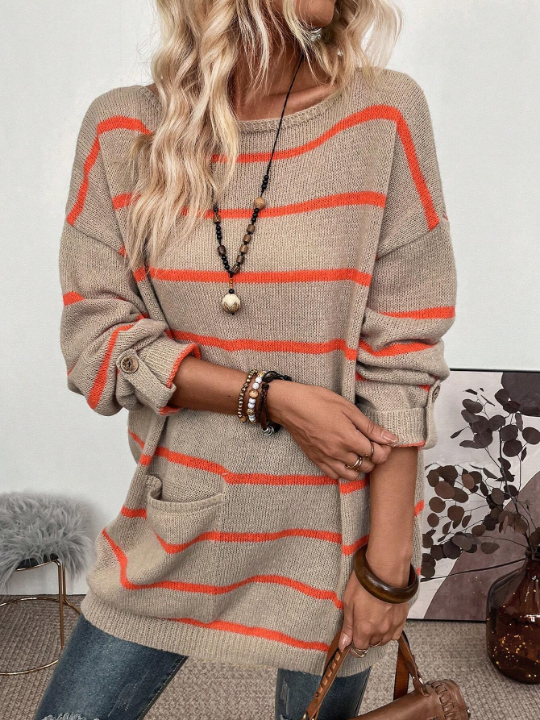 LUNE Striped Pattern Drop Shoulder Pocket Patched Sweater