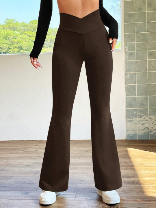 EZwear Retro Style Brown Solid Flare Leg Pants