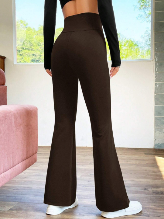 EZwear Retro Style Brown Solid Flare Leg Pants