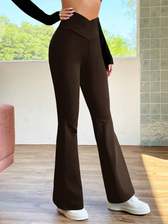 EZwear Retro Style Brown Solid Flare Leg Pants