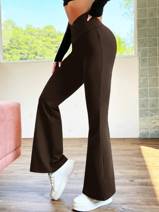 EZwear Retro Style Brown Solid Flare Leg Pants