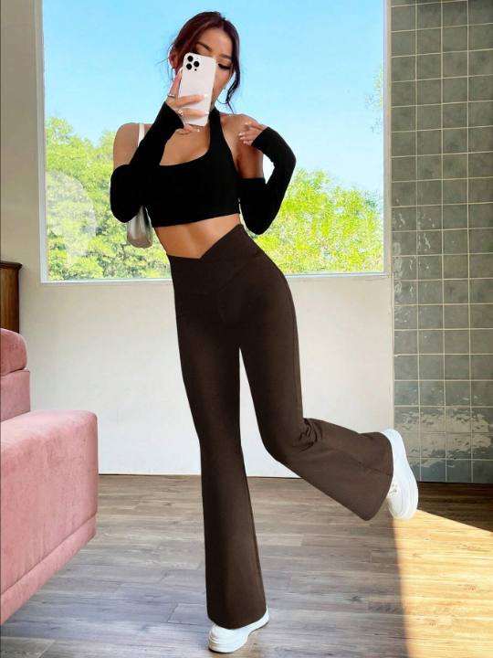 EZwear Retro Style Brown Solid Flare Leg Pants