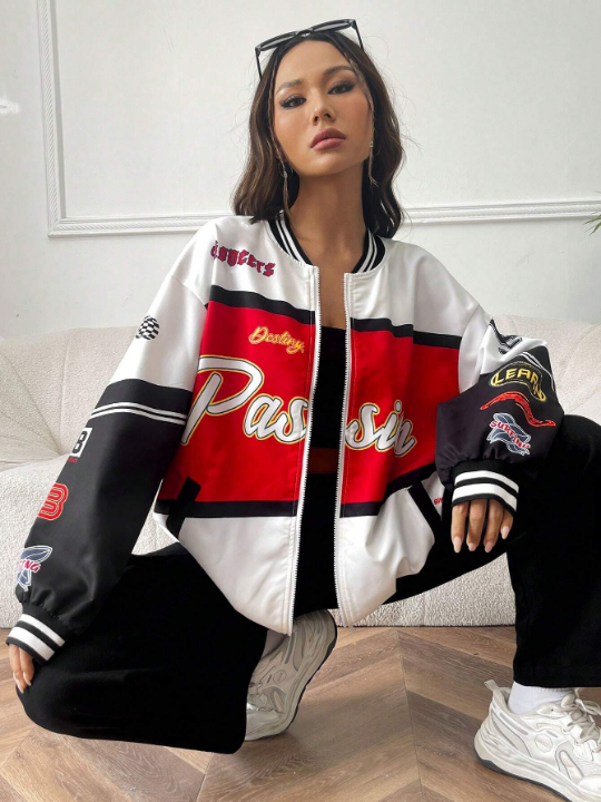 Coolane 1pc Letter Graphic Colorblock Drop Shoulder Striped Trim Varsity Jacket