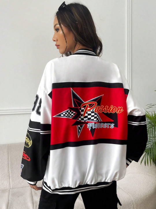 Coolane 1pc Letter Graphic Colorblock Drop Shoulder Striped Trim Varsity Jacket