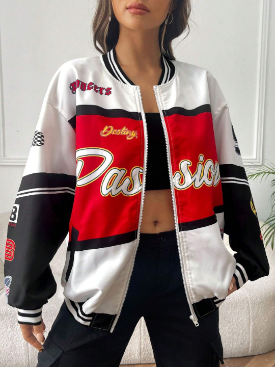 Coolane 1pc Letter Graphic Colorblock Drop Shoulder Striped Trim Varsity Jacket