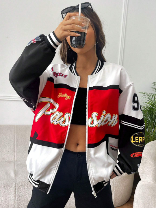 Coolane 1pc Letter Graphic Colorblock Drop Shoulder Striped Trim Varsity Jacket