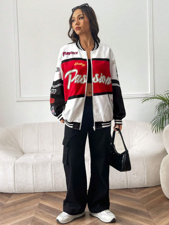 Coolane 1pc Letter Graphic Colorblock Drop Shoulder Striped Trim Varsity Jacket