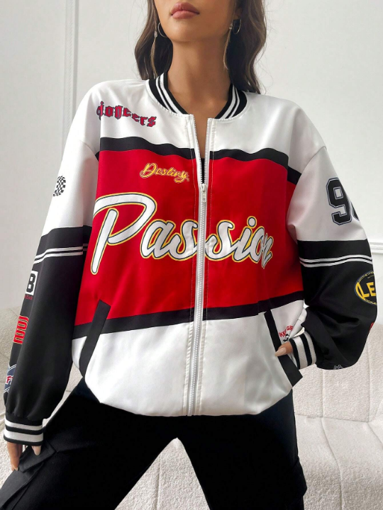 Coolane 1pc Letter Graphic Colorblock Drop Shoulder Striped Trim Varsity Jacket