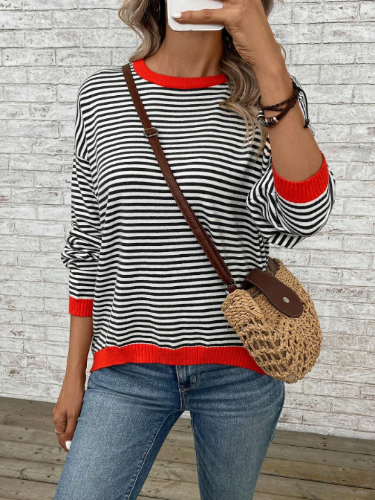 EMERY ROSE Striped Pattern Drop Shoulder Sweater